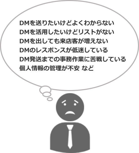DMを送りたいけどよくわからない、DMを活用したいけどリストがない、DMを出しても来店客が増えない、DMのレスポンスが低迷している、DM発送までの事務作業に苦戦している、個人情報の管理が不安 など